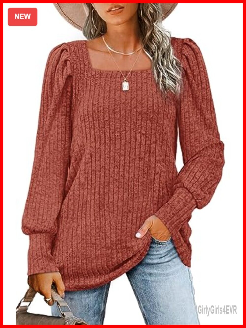 WIHOLL Womens Square Neck Puff Sleeve Long Sleeve Pullover Sweater Top